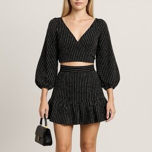 C/MEO Collective x‎ Revolve Even Love Balloon Sleeve Top Ruffle Skirt Set Sz S